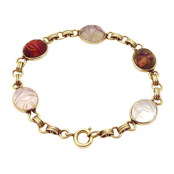 Vintage 12K Gold Filled Aumara Scarab Beetle Egyptian Revival Gemstone Bracelet - Picture 6 of 10